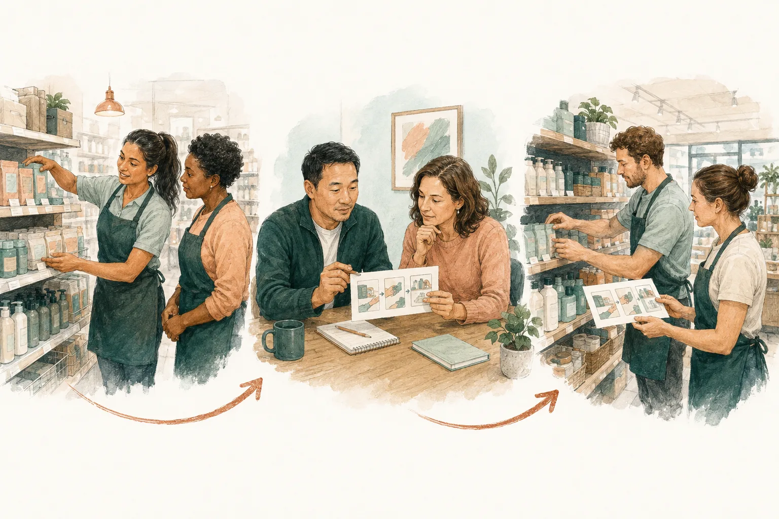 Illustrative scenario: a frontline manager checks an approved instruction with the team, records an open question and returns with a reviewed next step.